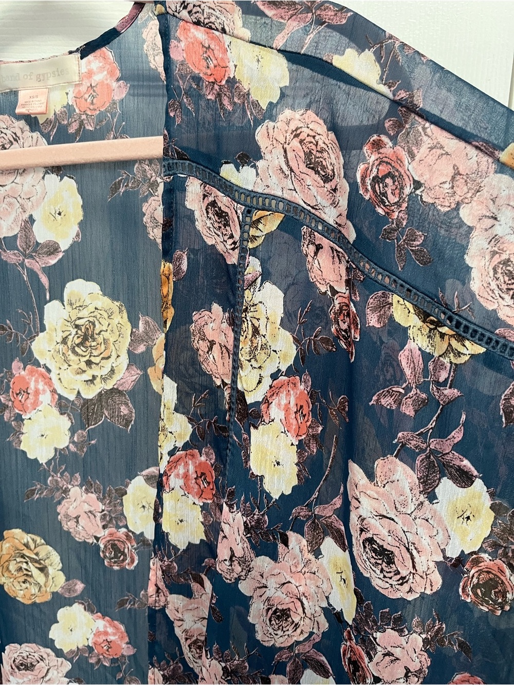 Floral Kimono Duster Blue Sheer Open Front Cover Band of Gypsies XS/S oversized - Picture 9 of 16